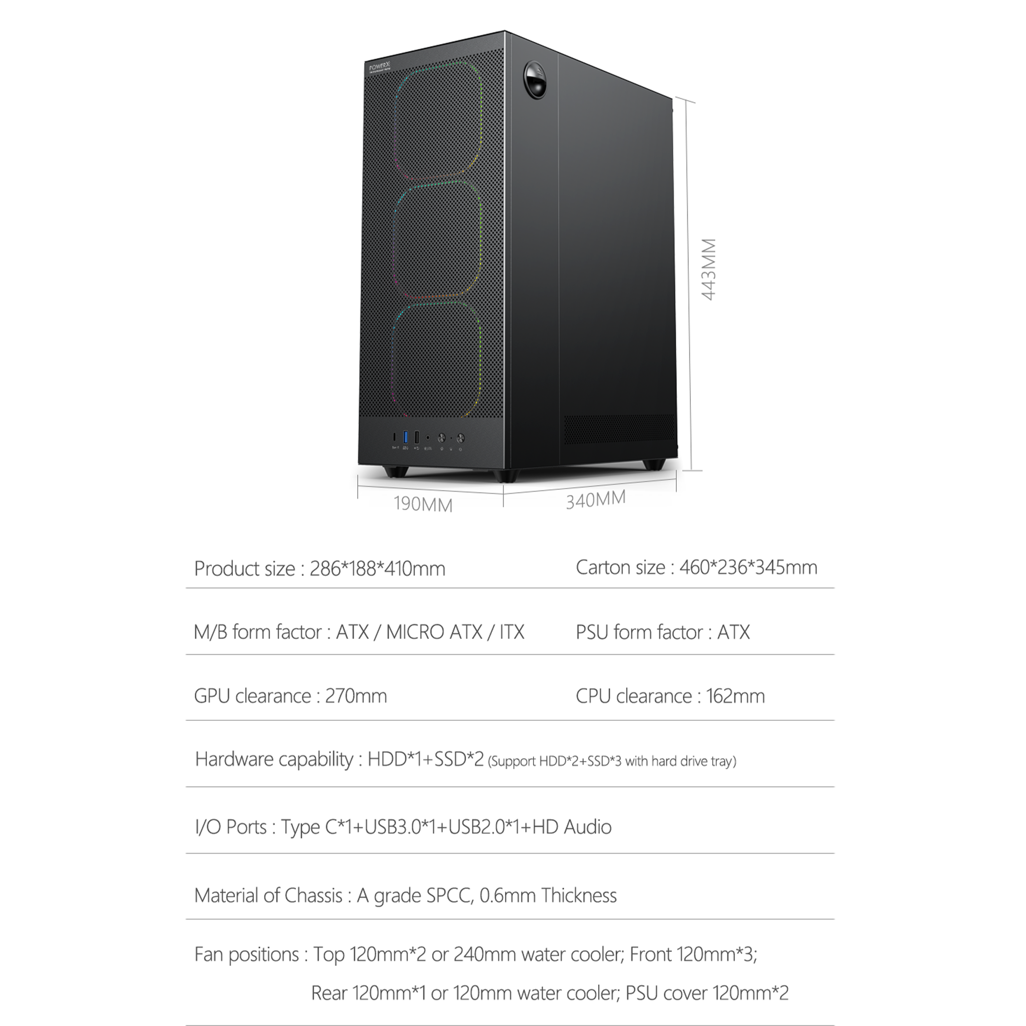 POWERX U900 Ultra Cabinet – RGB Mid Tower PC Case with Tempered Glass, ATX Support, 240mm Liquid Cooler, Type-C, Advanced Cable Management