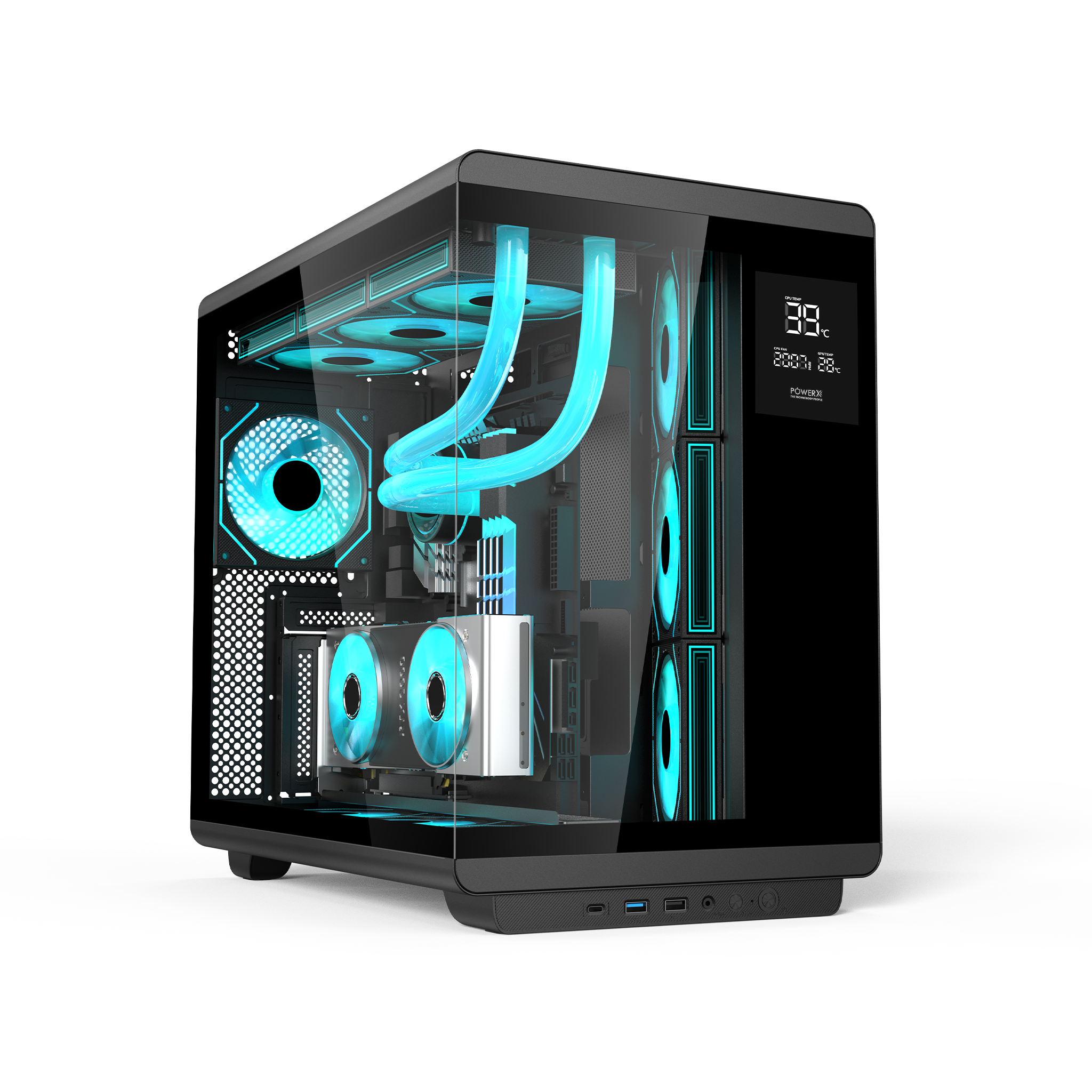 POWERX U3600 Pro RGB Mid Tower Cabinet – Tempered Glass, Temp Display, 360mm Liquid Cooler, Cable Management